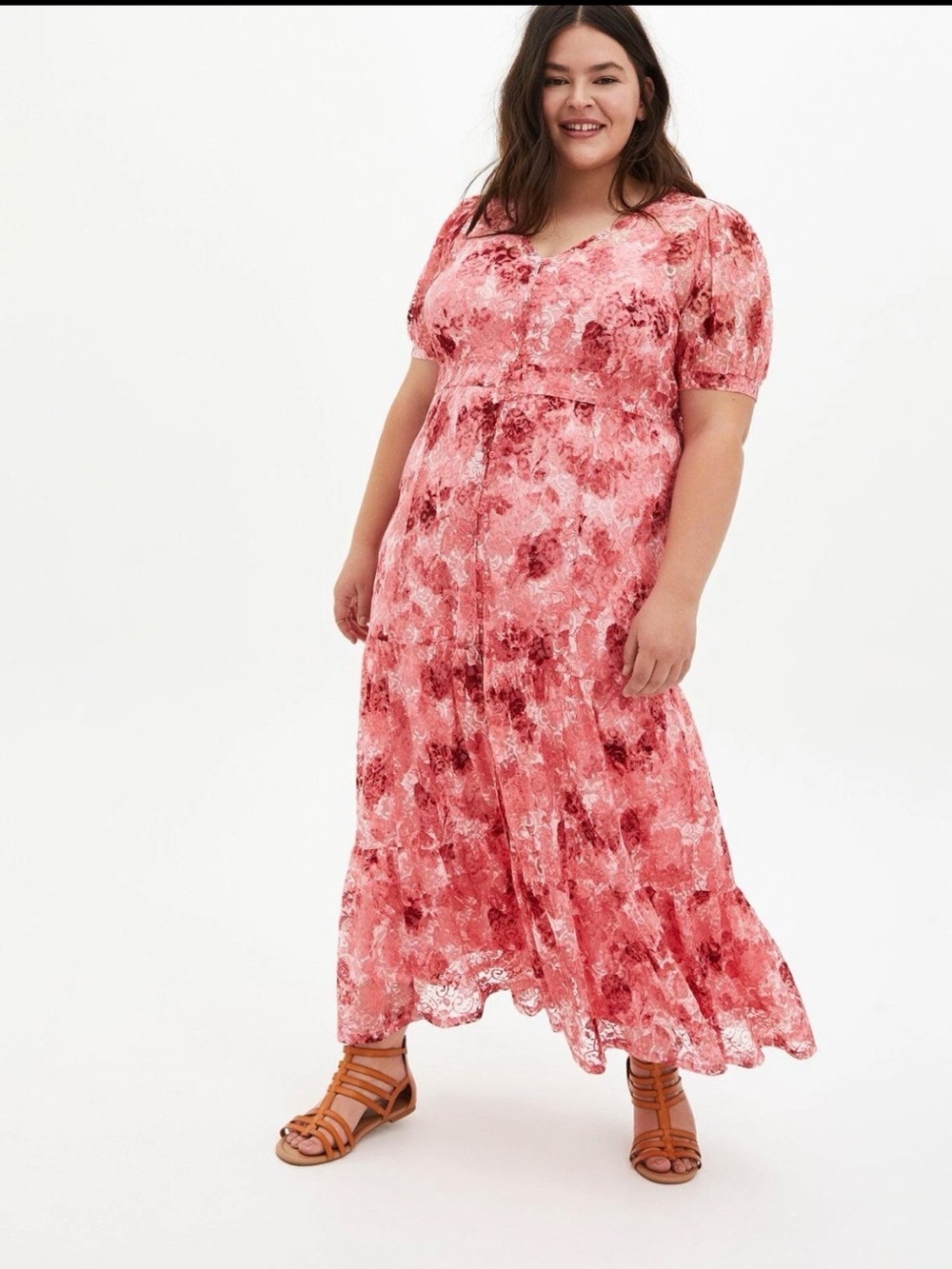 Torrid Maxi Lace Button-Front Tiered Dress Size 2X Short Sleeve Floral Lined